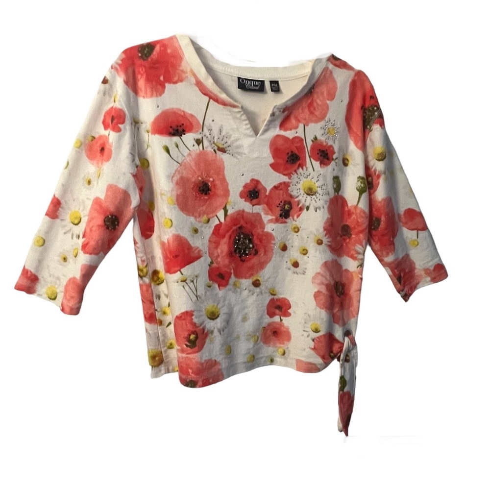 ηεω Onque Rhinestone Dew-Drop Embellished Floral 3/4 Sleeve Petite Blouse